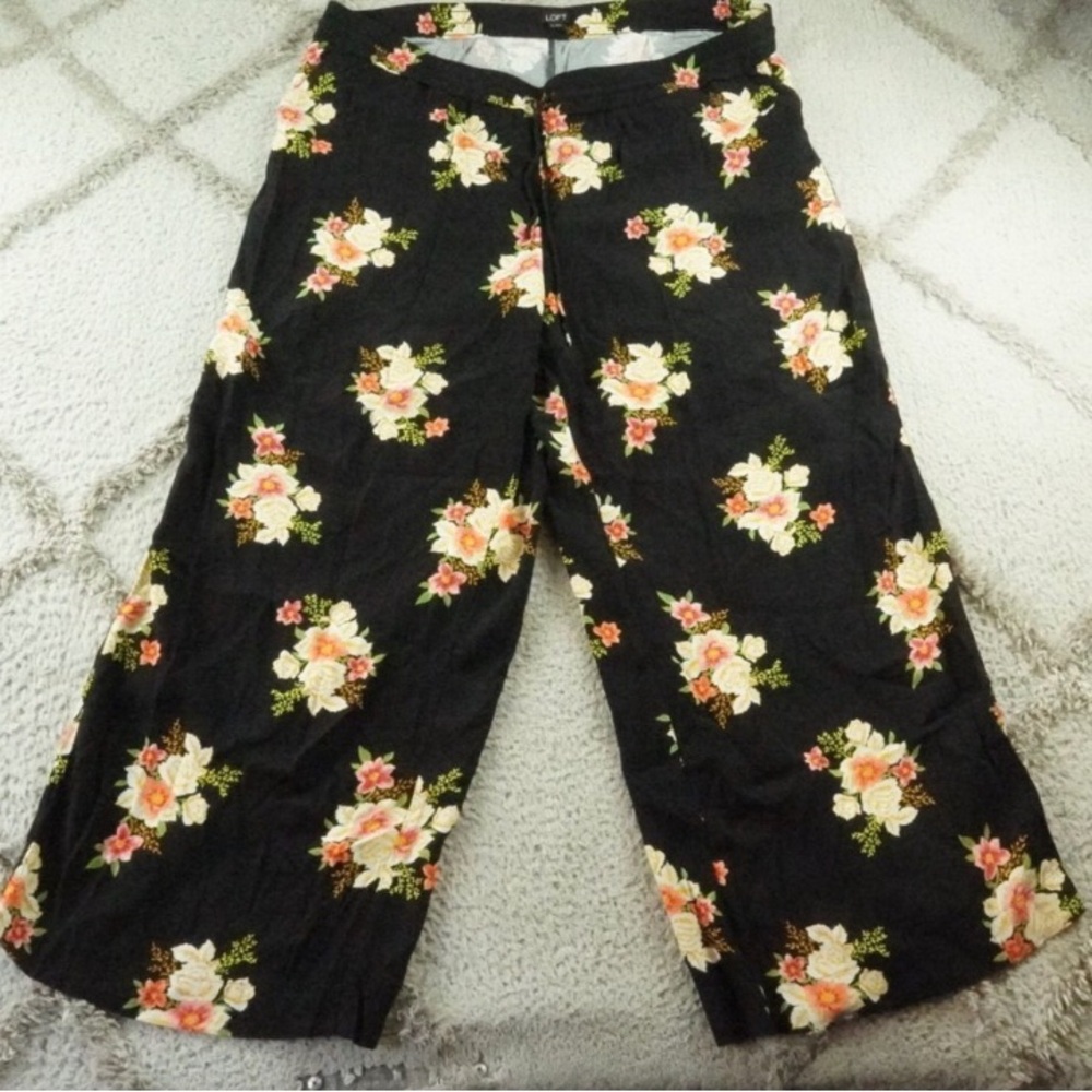 LOFT Black Wide Leg Pants with Floral Design